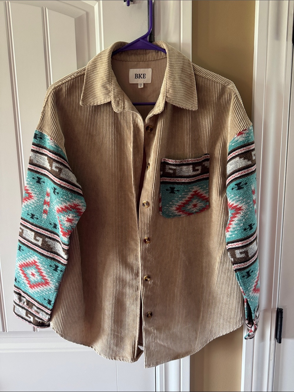 BKE Tan Corduroy Button-Down with Turquoise Aztec Sleeves
